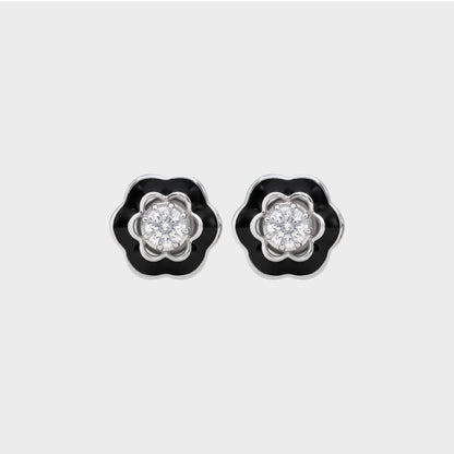 Black Enamel Natural Round Solitaire Stud Earrings