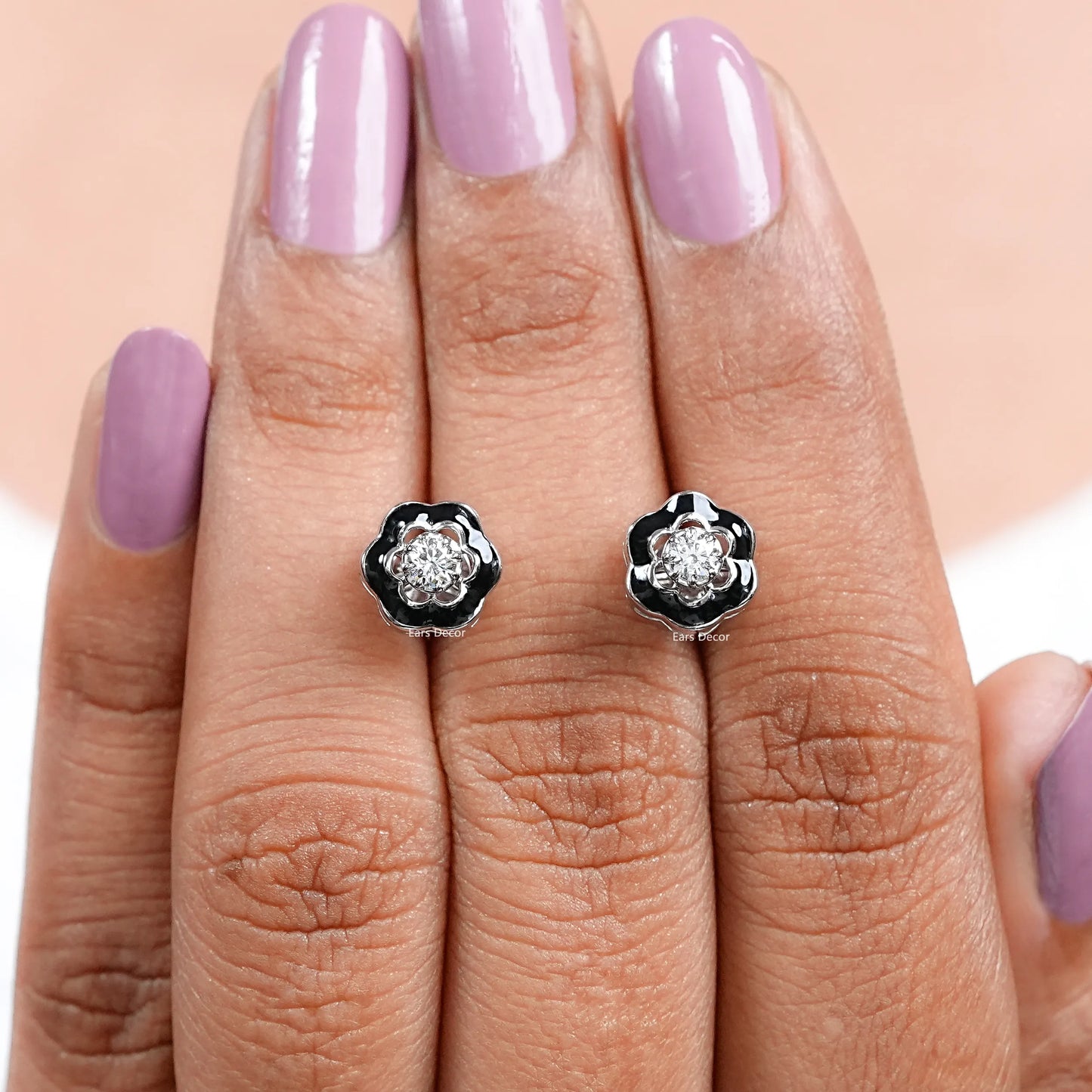Black Enamel Natural Round Solitaire Stud Earrings
