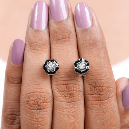 Black Enamel Natural Round Solitaire Stud Earrings