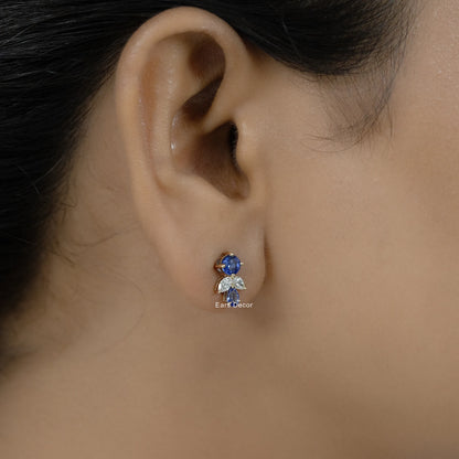 Blue Pear And Round Gemstone Cluster Set Earring