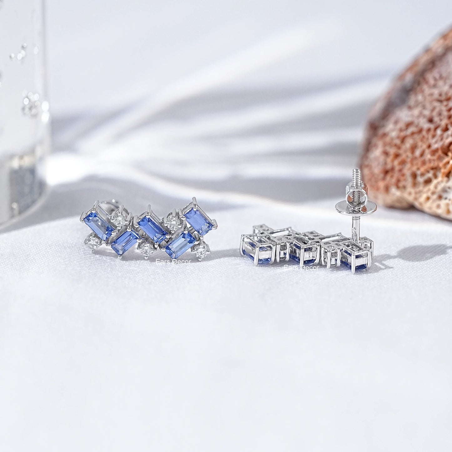 Sapphire Baguette & Round Diamond Drop Earrings