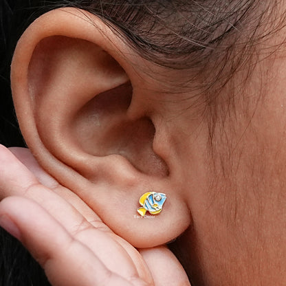 Blue Enamel Tiny Fish Stud Earrings