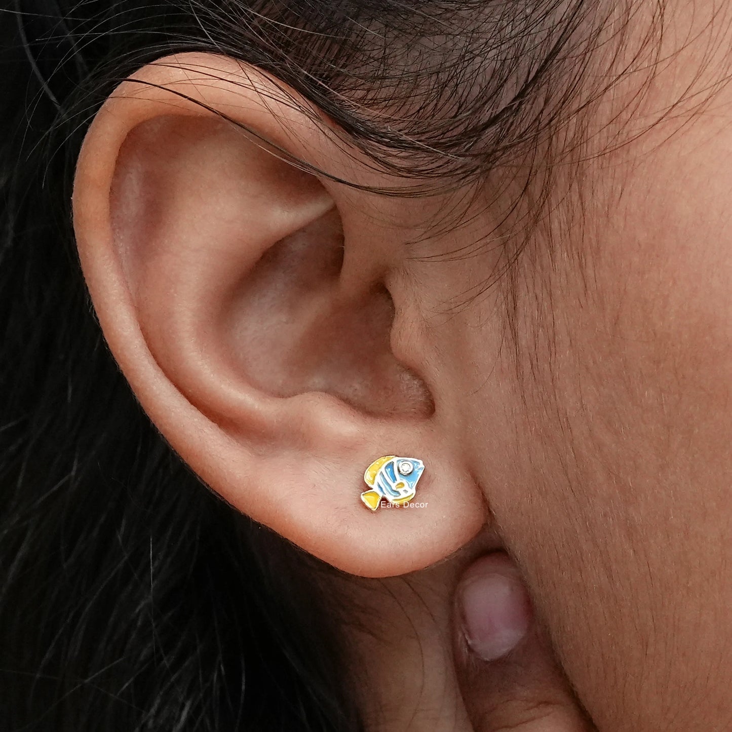Blue Enamel Tiny Fish Stud Earrings