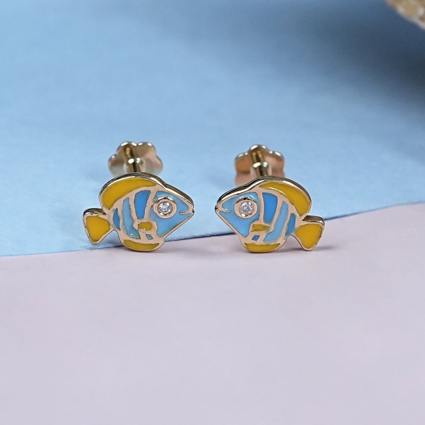 Blue Enamel Tiny Fish Stud Earrings