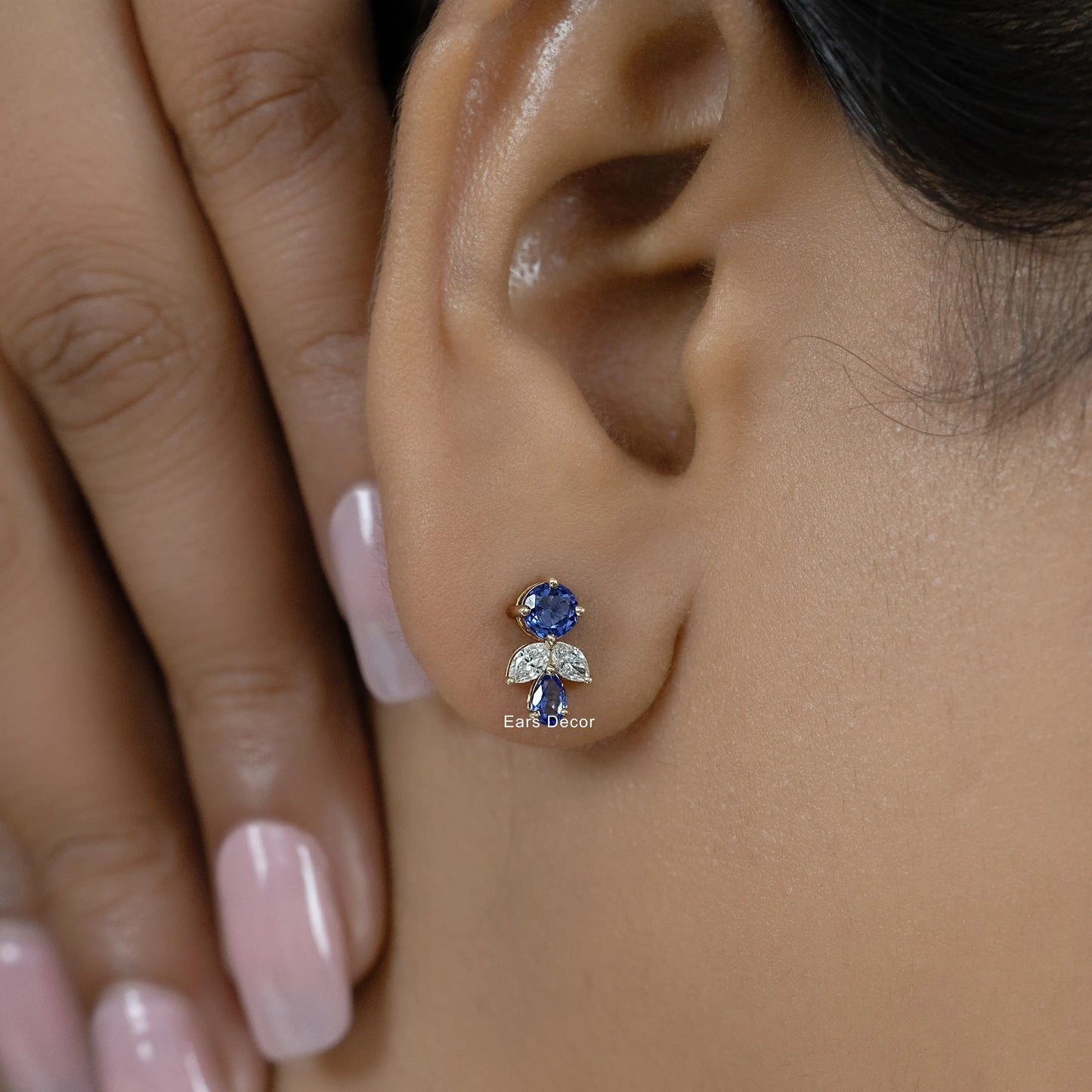 Blue Pear And Round Gemstone Cluster Set Earring