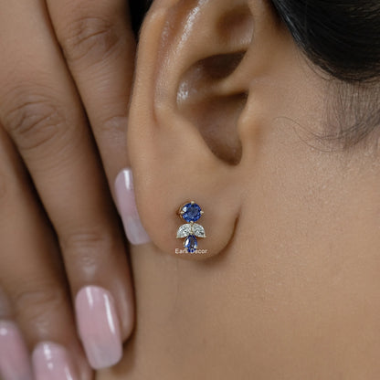 Blue Pear And Round Gemstone Cluster Set Earring