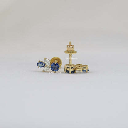 Blue Pear And Round Gemstone Cluster Set Earring