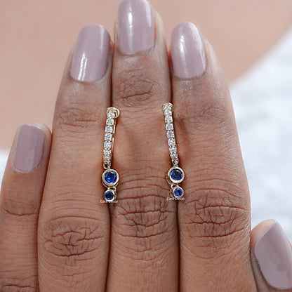 Sapphire Round Gemstone Dangle Huggie Earrings