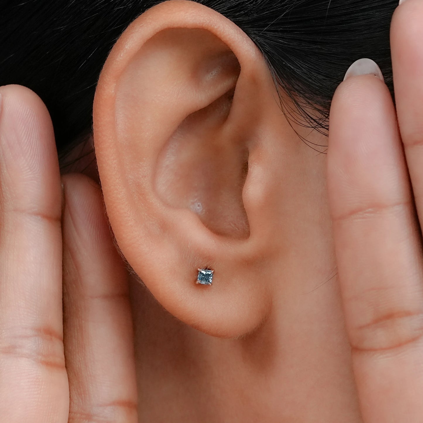 Princess Cut Lab Blue Diamond Stud Earrings