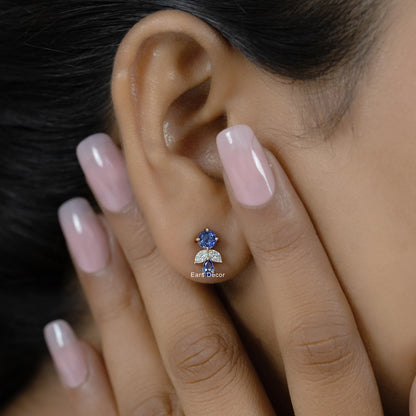 Blue Pear And Round Gemstone Cluster Set Earring