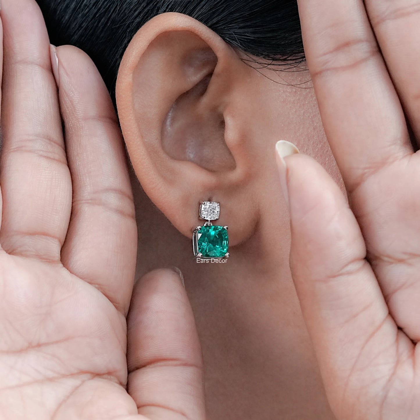 Emerald Gemstone & Lab Diamond Drop Earrings