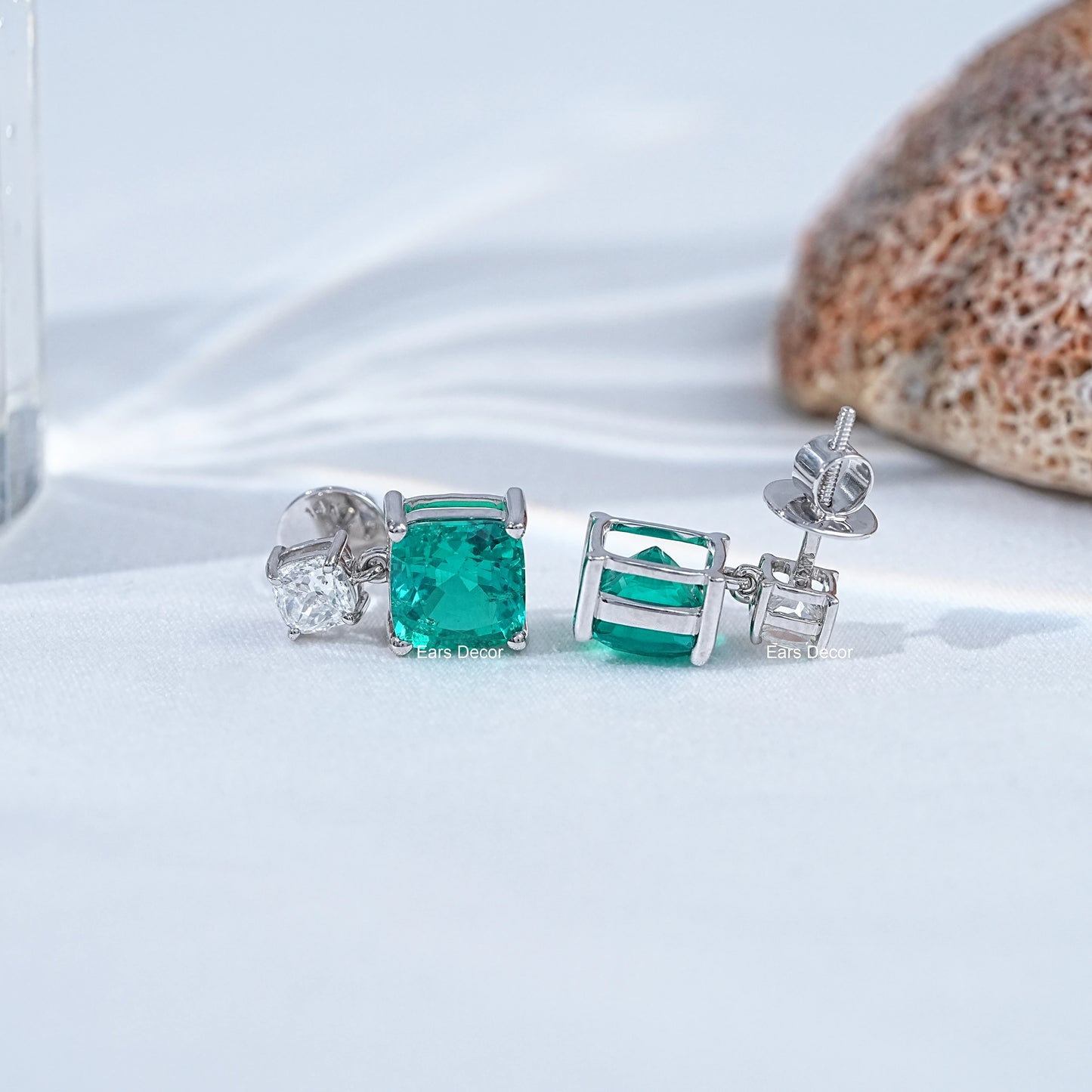 Emerald Gemstone & Lab Diamond Drop Earrings