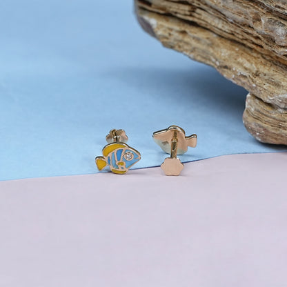 Blue Enamel Tiny Fish Stud Earrings