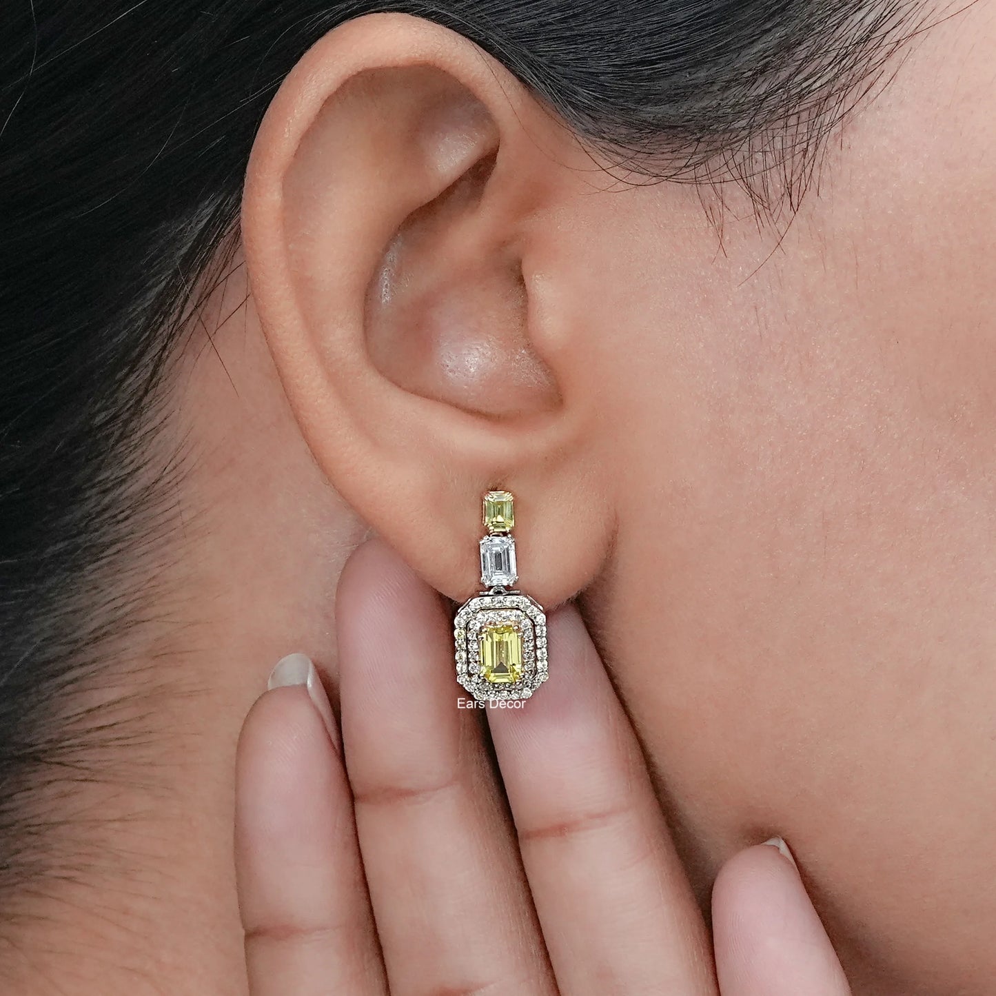 Yellow Emerald Gemstone Double Halo Dangle Earrings