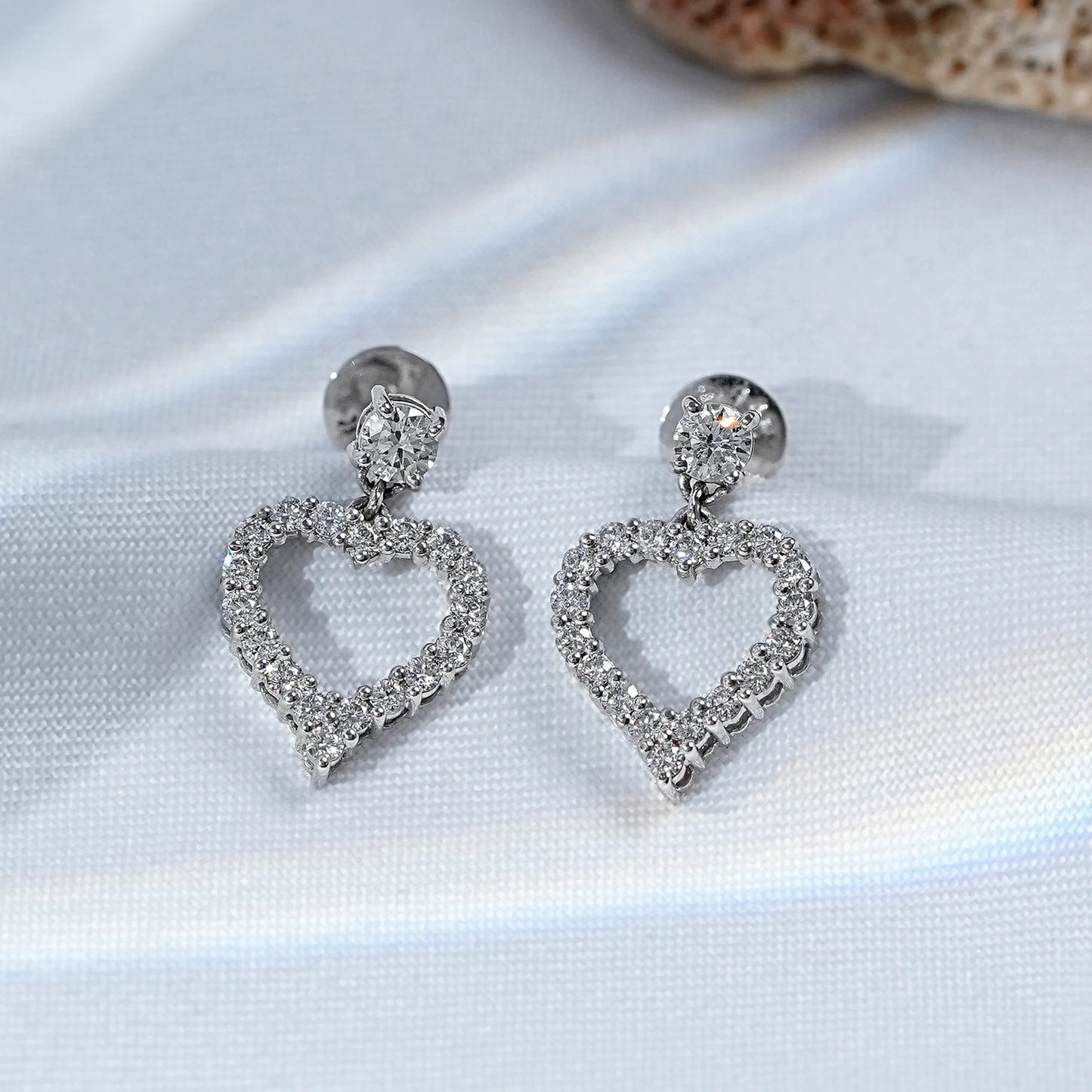 Round Cut Natural Diamond Open Heart Dangle Earrings
