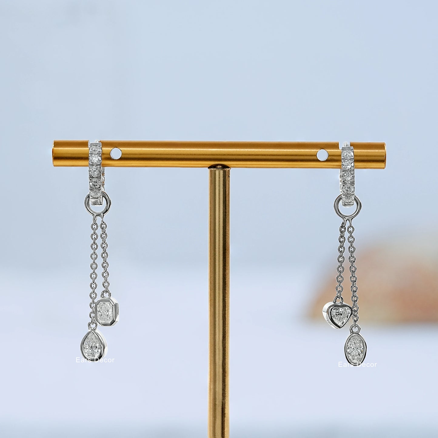Double Chain Lab Diamond Drop Huggie Charm Earrings