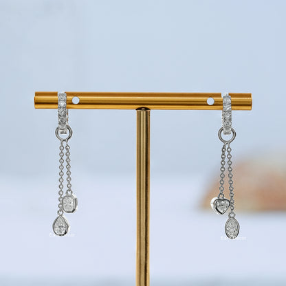Double Chain Lab Diamond Drop Huggie Charm Earrings