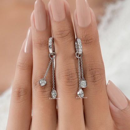 Double Chain Lab Diamond Drop Huggie Charm Earrings