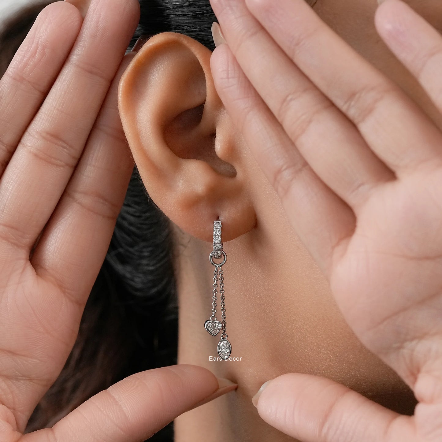 Double Chain Lab Diamond Drop Huggie Charm Earrings