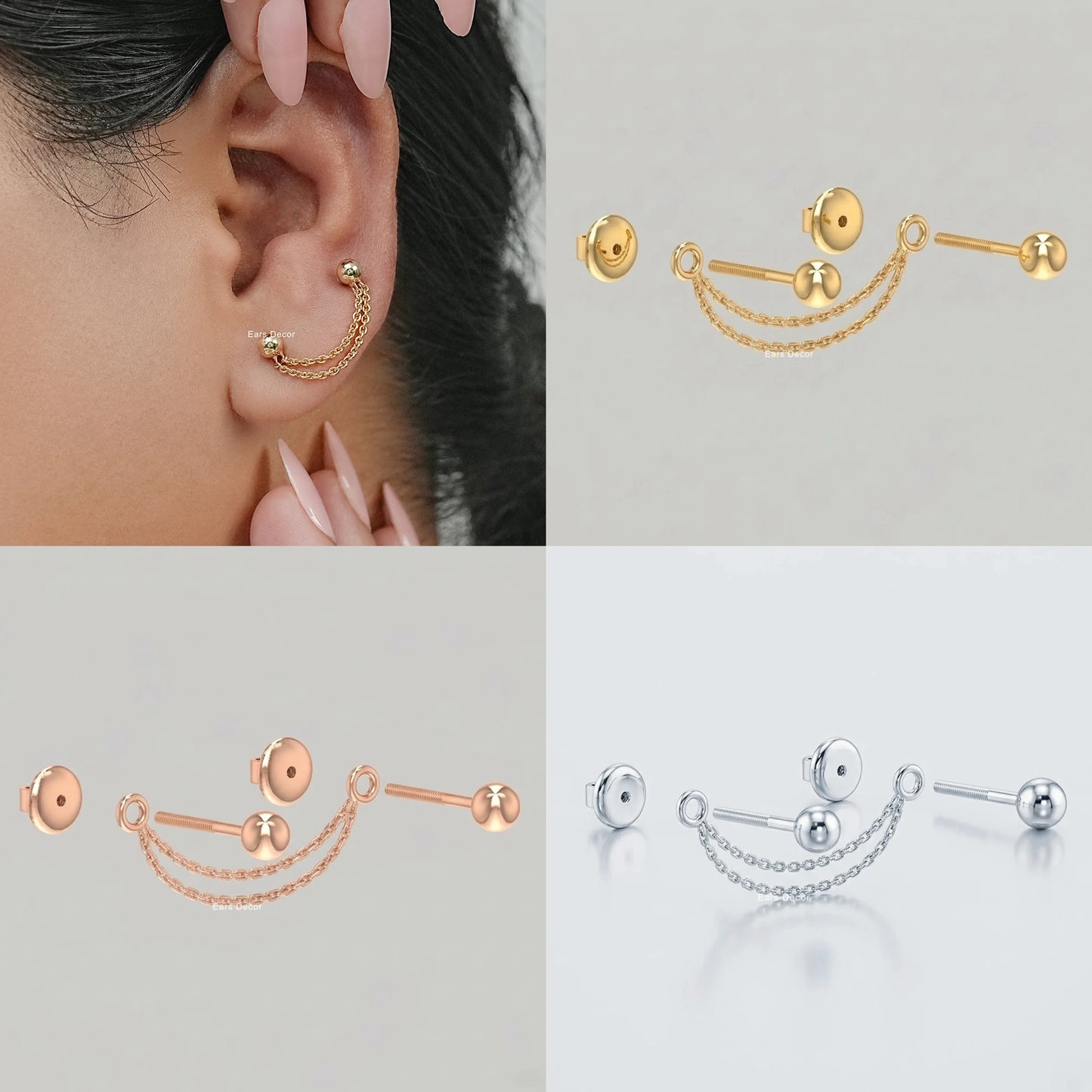 Ball Stud Double Layer Chain Piercing Earring