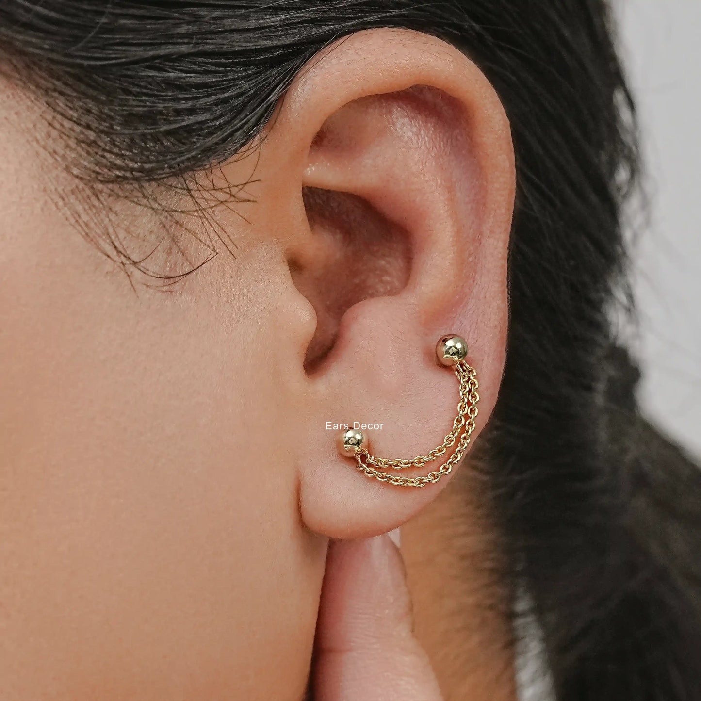 Ball Stud Double Layer Chain Piercing Earring