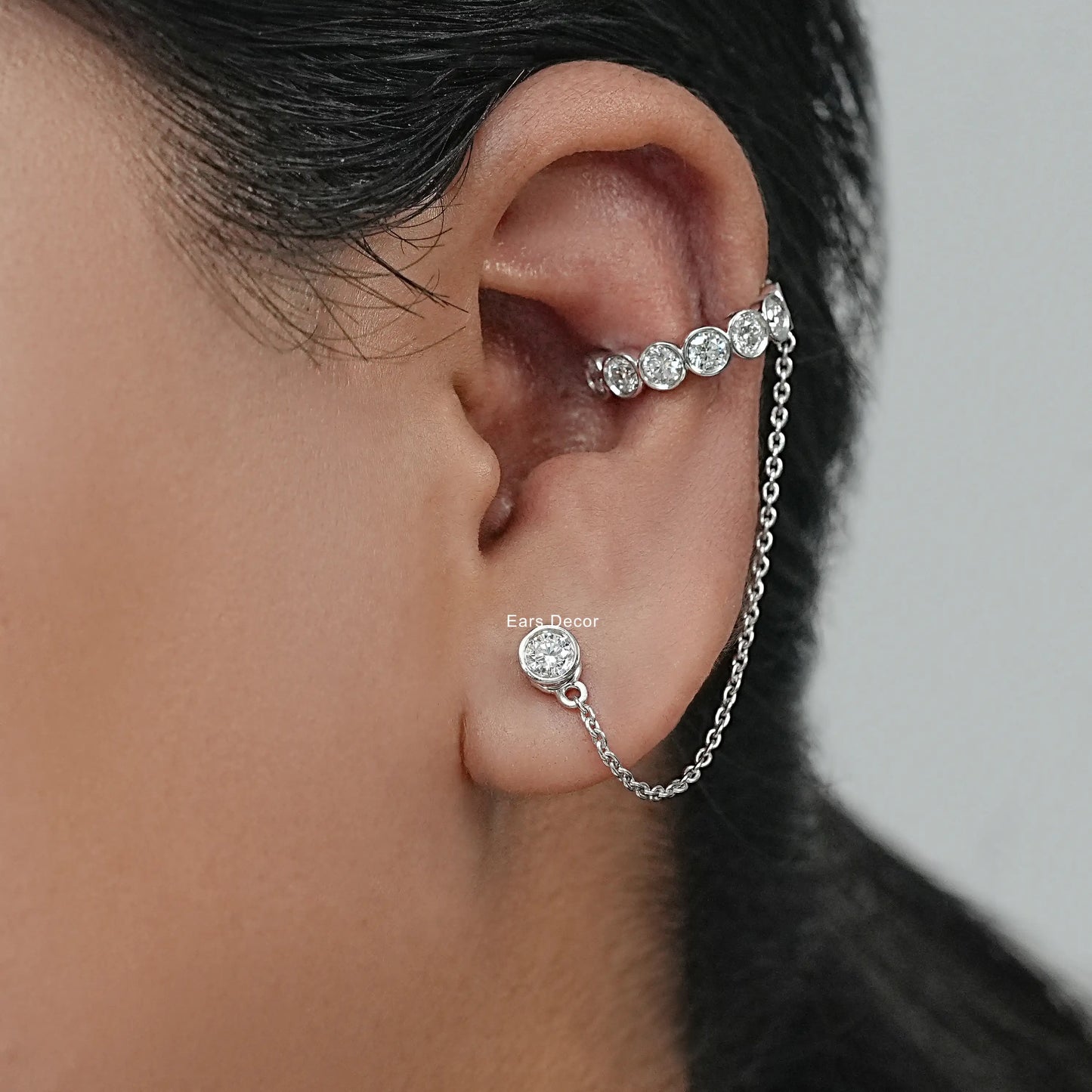 Double Peircing Round Cut Dangle Hoop Chain Earring