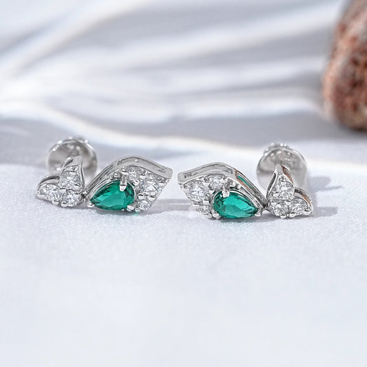 Green Pear And Round Diamond Cluster Drop Earrings