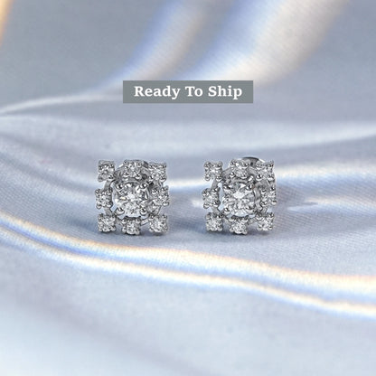 Round Lab Diamond Square Cluster Dainty Earrings