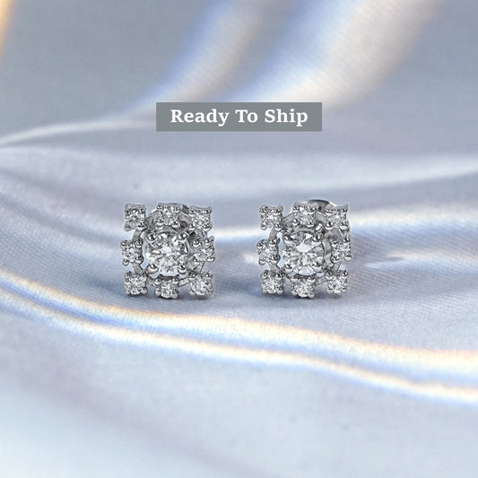 Round Lab Diamond Square Cluster Dainty Earrings