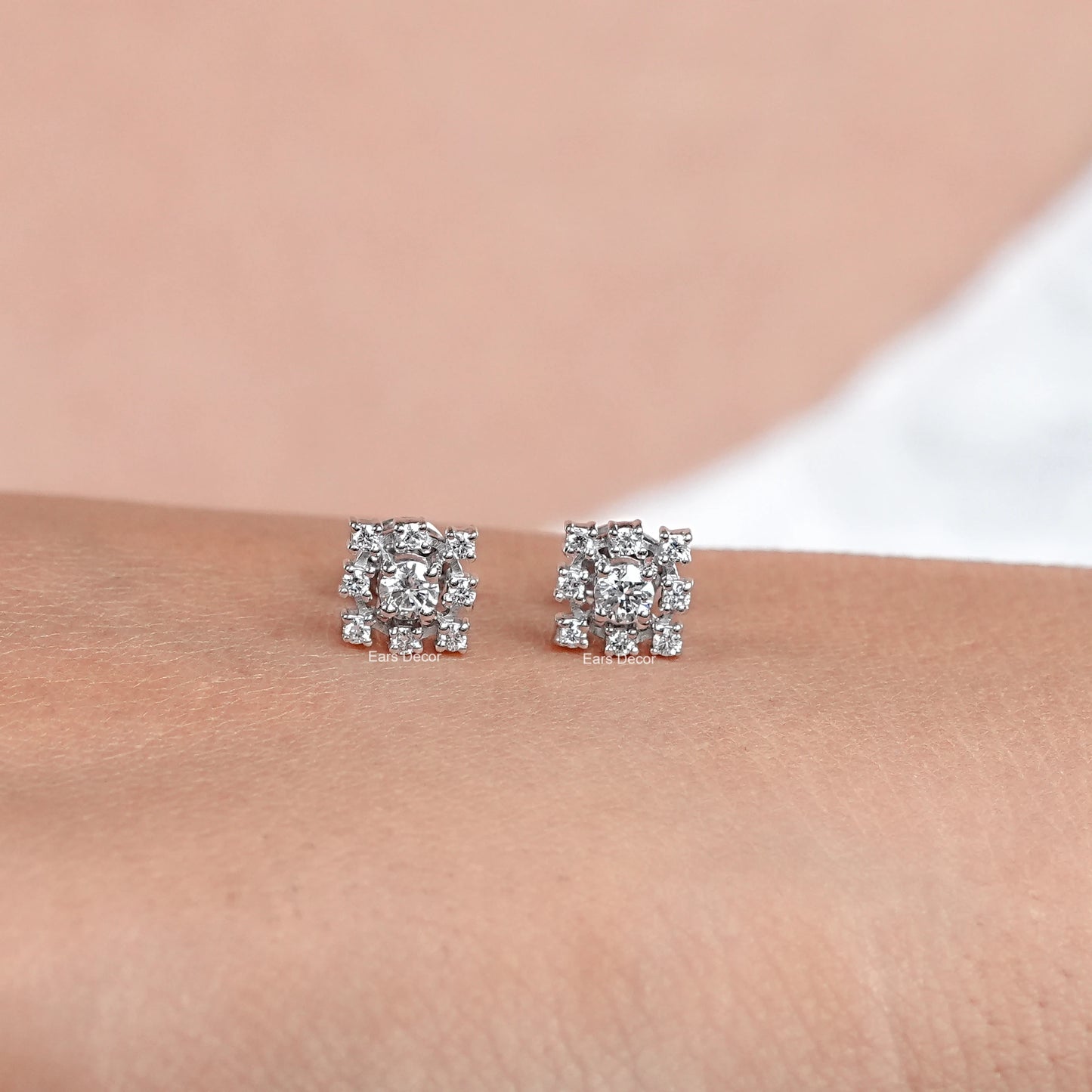 Round Lab Diamond Square Cluster Dainty Earrings