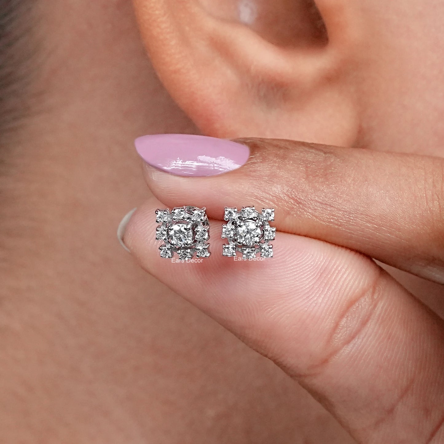 Round Lab Diamond Square Cluster Dainty Earrings