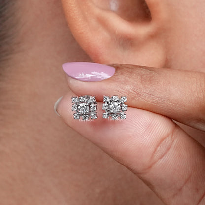 Round Lab Diamond Square Cluster Dainty Earrings