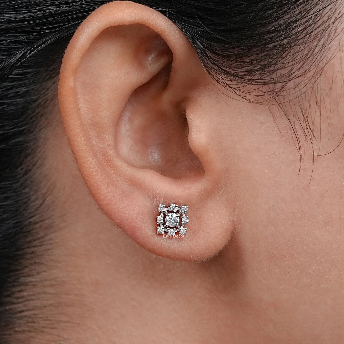 Round Lab Diamond Square Cluster Dainty Earrings