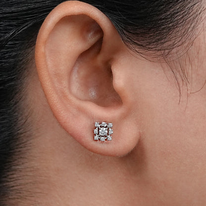 Round Lab Diamond Square Cluster Dainty Earrings
