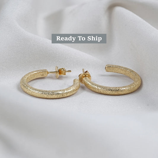 14K Yellow Gold Matte Finish Hoop Earrings