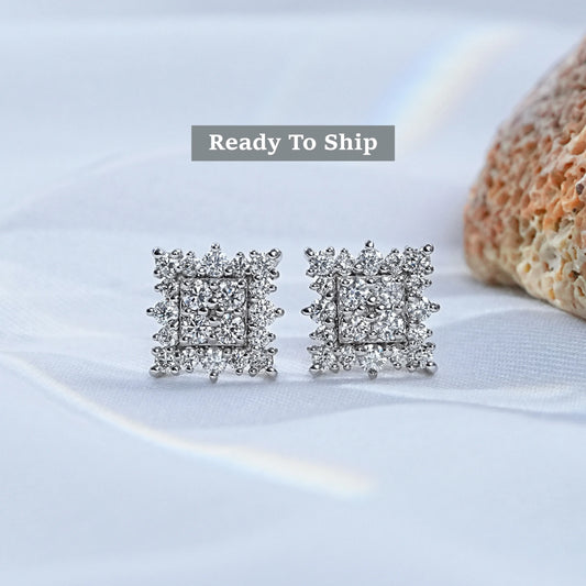 Round Cut Lab Diamond Square Cluster Earrings