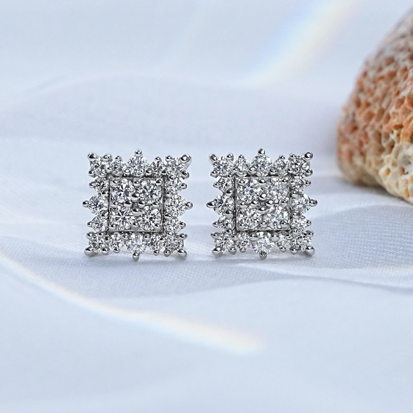 Square Shape Round Cut Lab Diamond Halo Stud Earrings