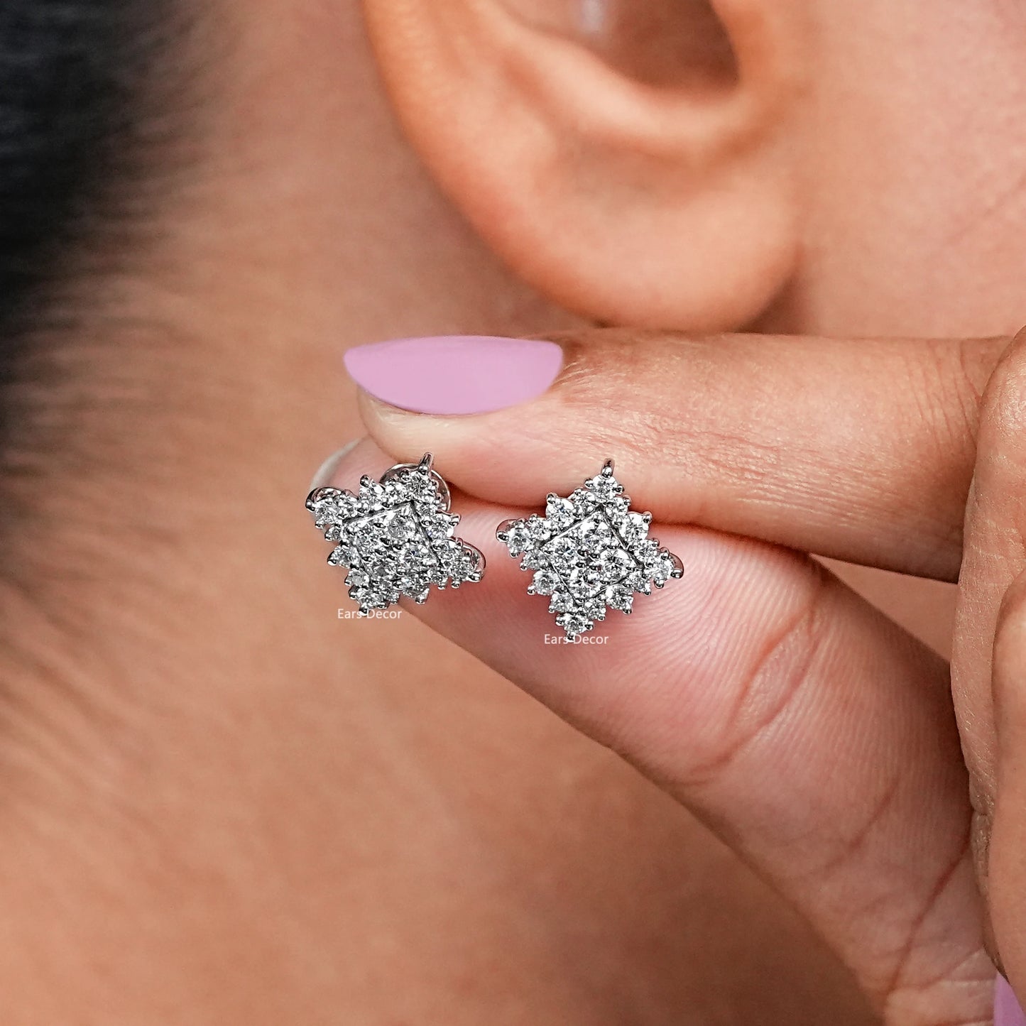 Round Cut Lab Diamond Square Cluster Earrings