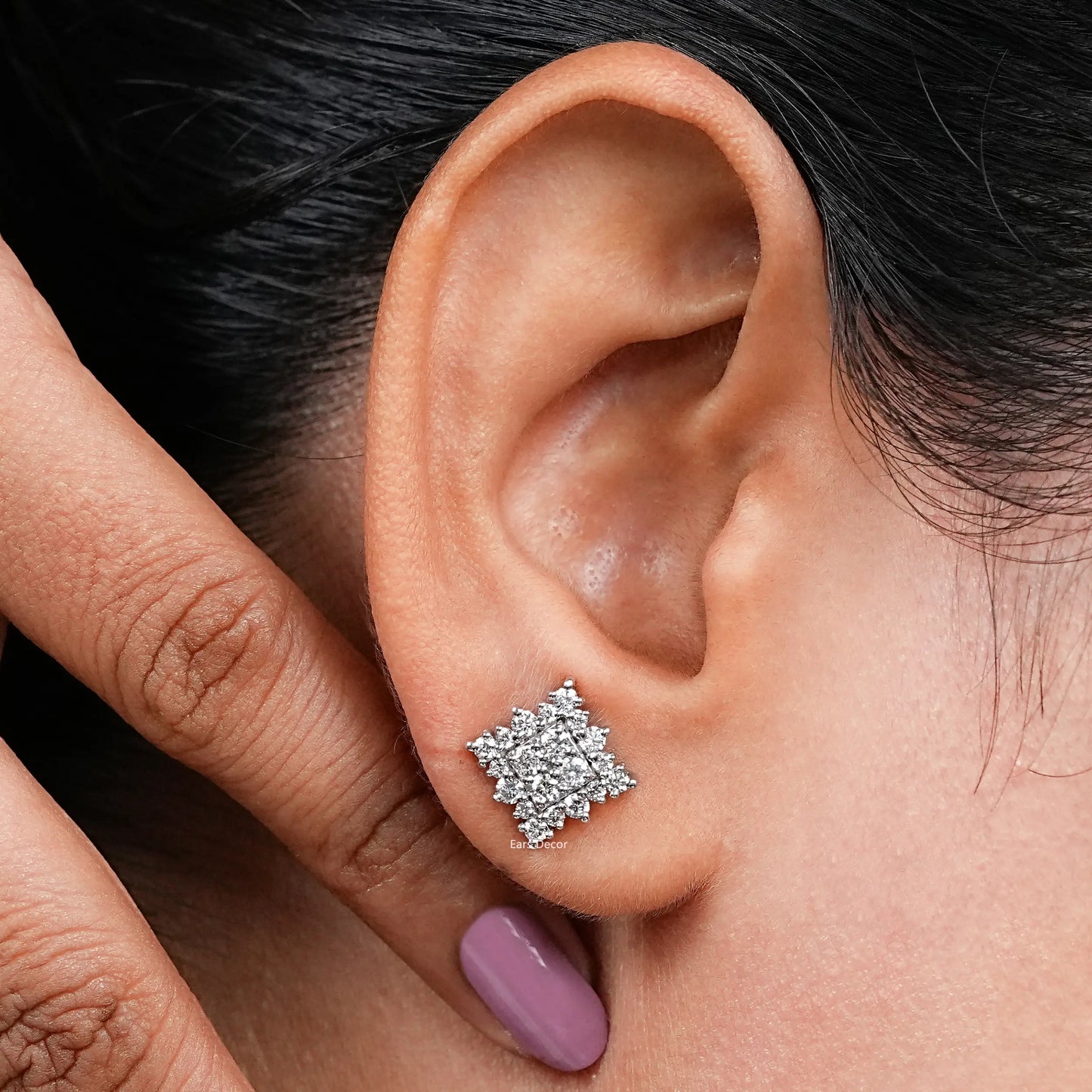 Round Cut Lab Diamond Square Cluster Earrings