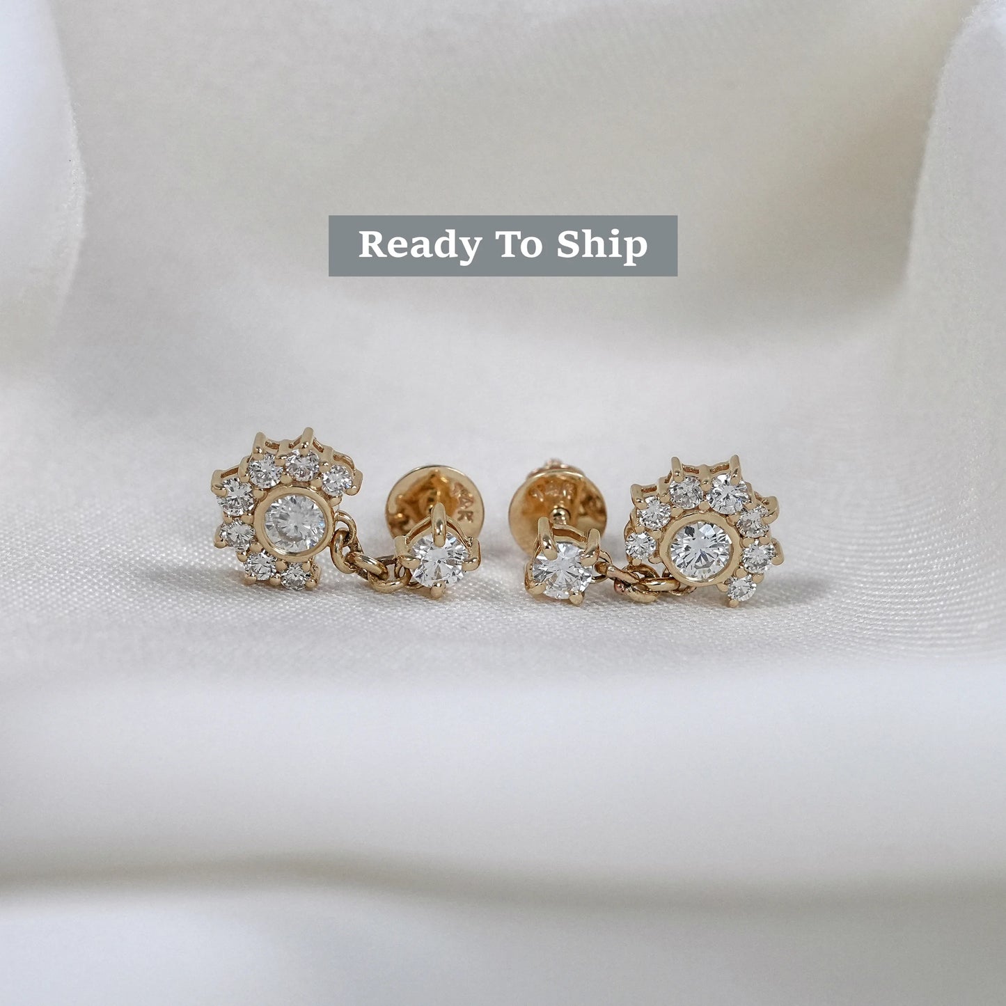 Round Cut Lab Grown Diamond Bezel Half Halo Dangle Earrings