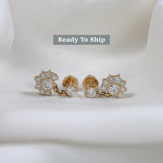 Round Cut Lab Grown Diamond Bezel Half Halo Dangle Earrings