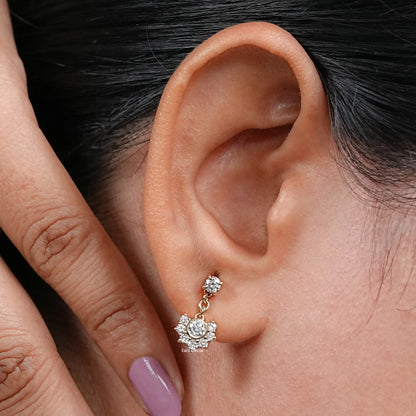 Round Cut Lab Grown Diamond Bezel Half Halo Dangle Earrings