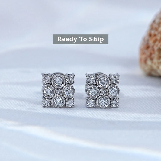 Bezel Set Round Diamond Cluster Stud Earrings
