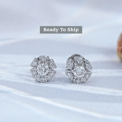 Round Lab Diamond Floral Stud Earrings