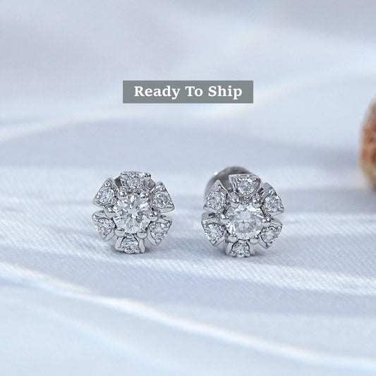 Round Lab Diamond Floral Stud Earrings