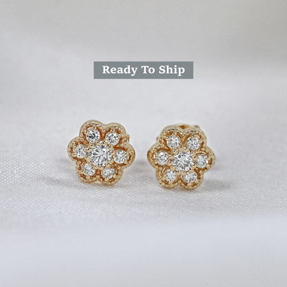 Round Lab Grown Diamond Floral Stud Earrings