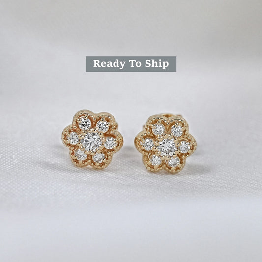 Round Lab Grown Diamond Floral Stud Earrings