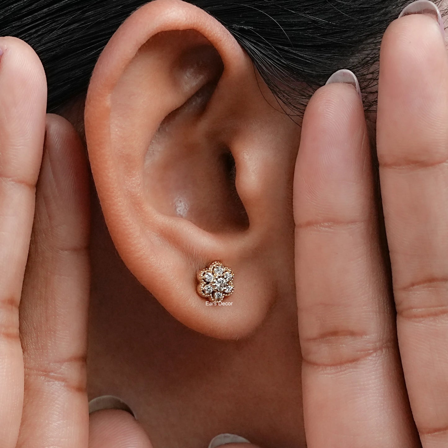 Round Lab Grown Diamond Floral Stud Earrings