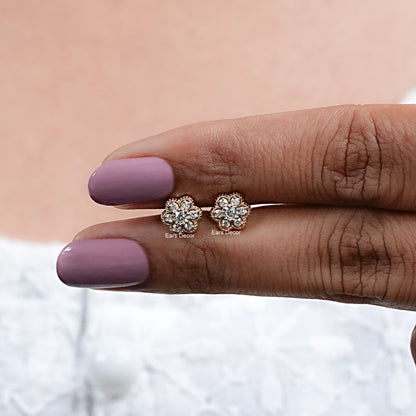 Round Lab Grown Diamond Floral Stud Earrings