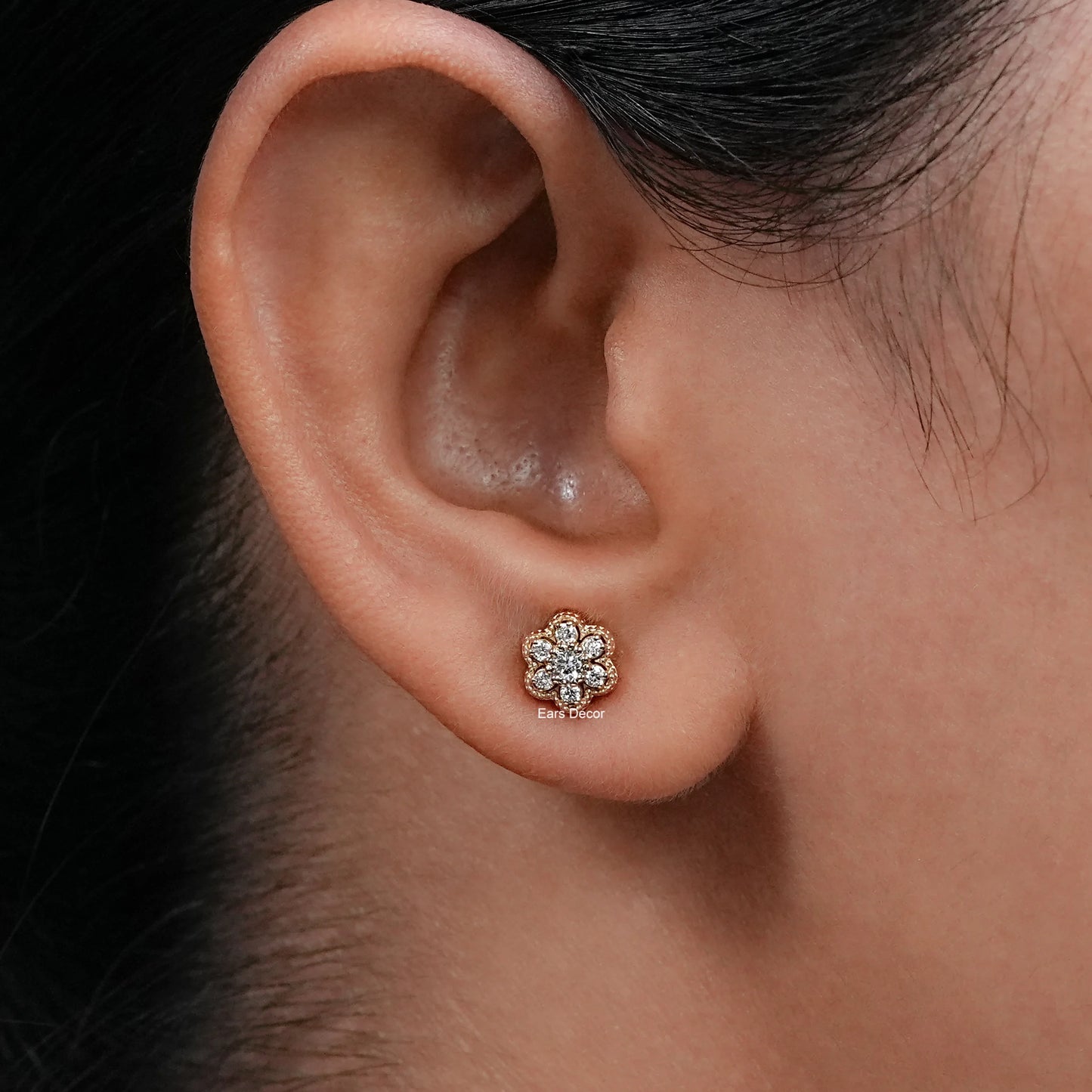 Round Lab Grown Diamond Floral Stud Earrings